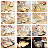Prepare coffee and almond cake with exotic fruit