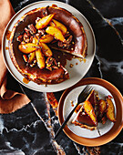 Basque chestnut cheesecake with caramelised pears and pecan nuts