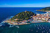 Panoramic view of Mount Urgull mountain in San Sebastian or Donostia in Donosti San Sebastian city, north of Spain, Euskadi, Euskaerria, Spain.