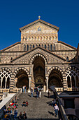 The facade of the Duomo of Amalfi, the Cathedral of St. Andrew, in Amalfi, Italy.