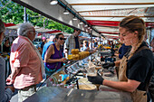 Marche Boulevard Edgar Quinet market near Gare Montparnasse every Wednesday and Saturday a number of growers set up their colourful stands packed with tasty produce, Paris, France