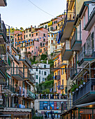 Colorful traditional architecture in the Cinque Terre town of Manarola, Italy.