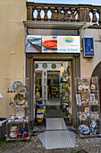 Facade of Campaniadamare, a shop selling ceramics in Sorrento, Italy. The shop also contains a cooking school.