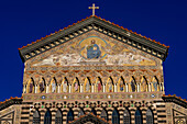 Mosaic art on the facade of the Duomo of Amalfi, the Cathedral of St. Andrew, in Amalfi, Italy.