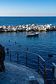 A flagstone walkway down to the harbor in the fishing village of Manarola, Cinque Terre, Italy.