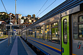 A Trenitalia Pop regional passenger train at the station in La Spezia, Italy. The Pop is a Coradia Stream built by Alstom.