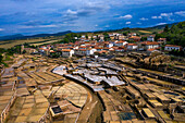 Aerial view of salinas de añana salt flat, Añana, Alava, Araba Basque Country, Euskadi Spain