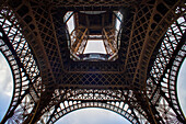 Close up of the intricate Eiffel Tower wrought iron lattice work , The Eiffel Tower is the most visited paid monument in the world , Paris ,France