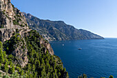 The Amalfi Coast in italy with the town of Praiano on the Gulf of Salerno in the distance.