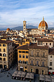 View of the Duomo or Cathedral of Santa Maria del Fiore from the Palazzo Vecchio tower in Florence, Italy.