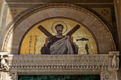 Gold mosaic of St. Andrew over the door of the Duomo of Amalfi, the Cathedral of St. Andrew, in Amalfi, Italy.