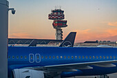 The air traffic control tower at Rome's Leonardo da Vinci International Airport in Fiumicino, Italy.