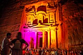 The Treasury, Al Khazneh, at night lit by candles, Petra, Jordan.