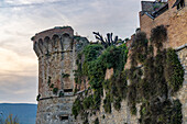 Fortified tower on the city wall of the medieval city of San Gimignano, Italy.