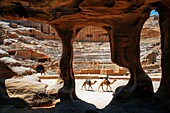 Roman Theater in the ruins of Petra, Jordan. Carved Amphitheater Theater Siq Petra Jordan. Theater built in Treasury built by the Nabataens in 100 AD, and the Romans added to it. The theater is produced from the red stone and seats up to 7,000 people. Bedouins on a camel in front of the amphitheater of Petra.