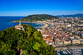 Castillo de la mota castle and Panoramic view of Mount Urgull mountain in San Sebastian or Donostia in Donosti San Sebastian city, north of Spain, Euskadi, Euskaerria, Spain.