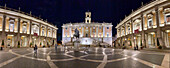 Statue of Marcus Aurelius in front of the Palazzo Senatorio, Piazza del Campidoglio, Rome, Italy. Palazzo Nuovo is at left and the Palazzo dei Conservatori at right.