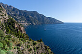 The Amalfi Coast in italy with the town of Praiano on the Gulf of Salerno in the distance.