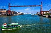 Panoramic aerial vier of El Gasolino, small boat carrying passengers across the River Nervion, between Portugalete and Las Arenas, Getxo, Vizcaya, Pais Vasco, Spain.