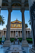 The facade and quadriporticus in front of the Basilica of St. Paul Outside the Walls, Rome, Italy.