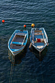 Two small rowboats moored in the harbor in Riomaggiore, Cinque Terre, Italy.