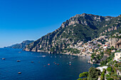 View of the seaside resort town of Positano on the Amalfi Coast in Italy, as viewed from the south.