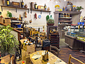 Rustic decor in a restaurant serving typical Tuscan cuisine in Florence, Italy.