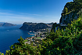 View of Marina Grande and the Bay of Naples from Anacapri on the island of Capri, Italy. The Sorrento Peninsula on the Italian mainland is visible at left.