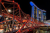 Marina Bay Sands Hotel and the helix bridge at dusk, Marina Bay, Downtown Core, Singapore