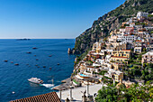 View of the seaside resort town of Positano on the Amalfi Coast in Italy, as viewed from the south.