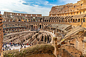 Interior of the Roman Colosseum or Flavian Amphitheater in Rome, Italy. The tunnels under the floor of the arena were called hypogeum.