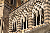 Detail of the Arab-Norman facade of the Duomo of Amalfi, the Cathedral of St. Andrew, in Amalfi, Italy.