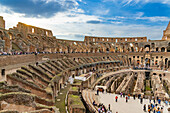 Interior of the Roman Colosseum or Flavian Amphitheater in Rome, Italy. The tunnels under the floor of the arena were called hypogeum.