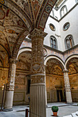 The ornately-decorated first courtyard in the Palazzo Vecchio in Florence, Italy.