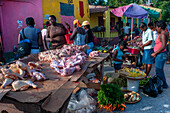 Local market and houses in the historic colonial old town, Jacmel city center, Haiti, West Indies, Caribbean, Central America