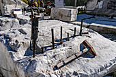 Vintage tools used to split marble blocks in a quarry. Fantiscritti Quarry Museum, Carrara, Italy.