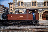 Azpeitia station and old steam train car in the Basque Railway Museum one of the most important of its kind in Europe. Railway history of Euskadi in Azpeitia, Gipuzkoa, Euskadi, Basque country, Spain.