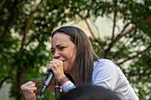 The leader of the opposition Maria Corina Machado, appears at the rally of the opposition called by her, in the streets of Caracas.