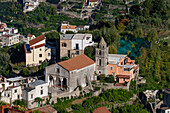 The Church of San Michele Arcangelo in Ravello, as seen from the Rufolo Gardens viewpoint. Italy.