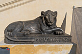 Egyptian lion sculpture in front of the Terrace of the Niche, Vatican Museums, Vatican City, Rome, Italy.