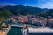 Panoramic aerial view of the fishing port and Ondarroa old town, Biscay, Basque Country, Euskadi, Euskal Herria, Spain