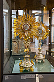 Gold & silver Baroque monstrances from the Cathedral Treasury in the Diocesan Museum of Amalfi, Italy. This museum is housed in the Basilica of the Crucifix, adjacent to the Amalfi Duomo.