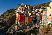 Colorful buildings overlooking the harbor in Riomaggiore, Cinque Terre, Italy.