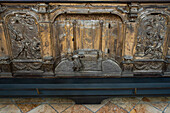 Detail of the wood & silver altar frontal from the Cathedral Treasury in the Diocesan Museum of Amalfi, Italy. This museum is housed in the Basilica of the Crucifix, adjacent to the Amalfi Duomo.