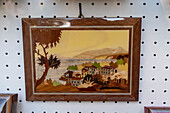 Handcrafted inlaid wood art or intarsia picture in the A. Stinga shop in Sorrento, Italy.