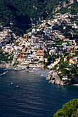 View of the seaside resort town of Positano on the Amalfi Coast in Italy, as viewed from the south.