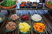 Cooking class and typical fish and condiments of maldivian cuisine in restaurant of Six Senses Laamu maldives luxury resort villas, Laamu Atoll region Maldives