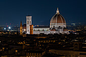 The Duomo of Florence and Giotto's Campanile viewed at night from the Piazzale Michelangelo, Florence, Italy.