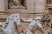 Detail of a hippocamp and a trition in the Trevi Fountain in the Piazza di Trevi in Rome, Italy.