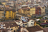 Looking down on the Ponte Vecchio bridge over the Arno from the tower of the Palazzo Vecchio, Florence, Italy.